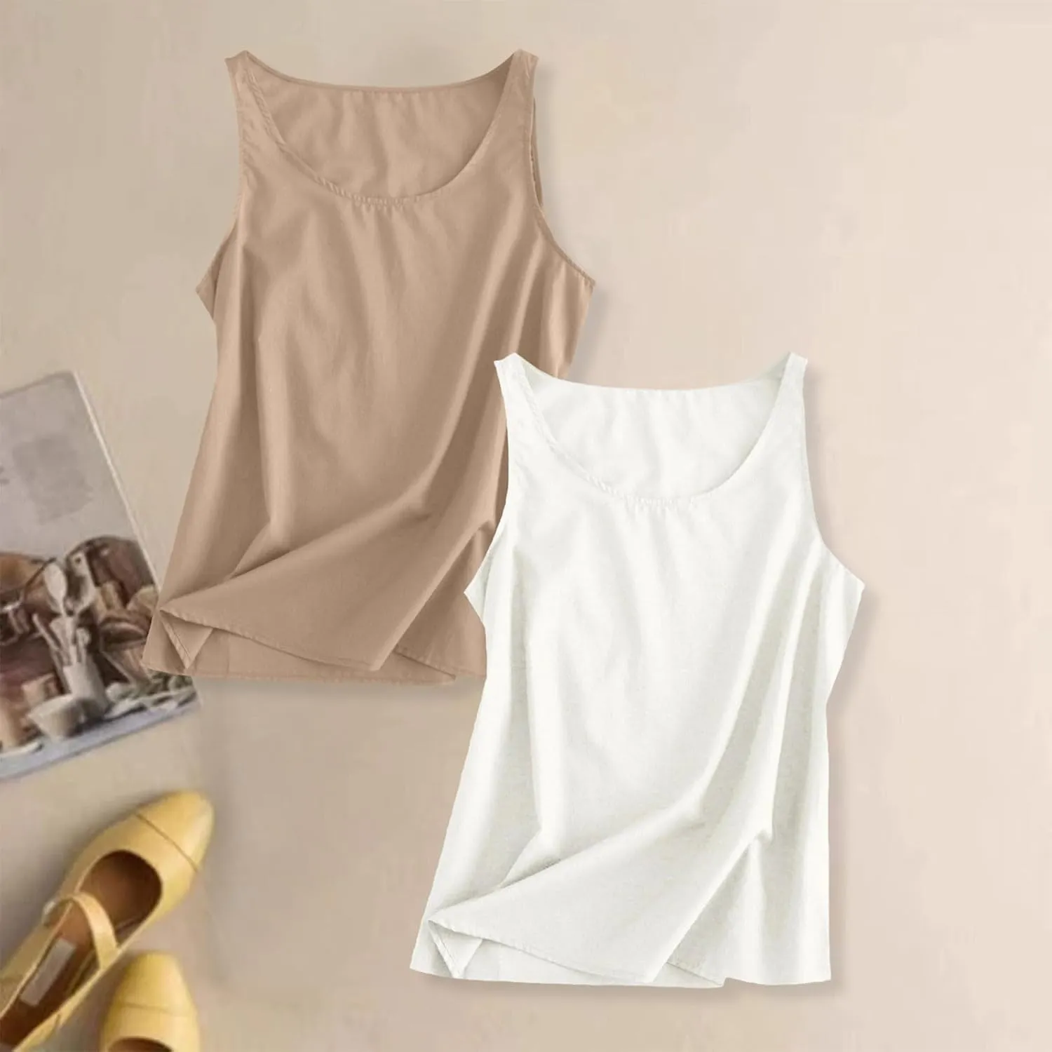 2 Pack Womens Linen Tank Tops 2025 Summer Beach Vacation Shirt Crew Neck Sleeveless Loose Fit Casual Blouse