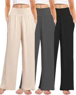 3PACK Women's Casual Loose Wide Leg Cozy Pants Yoga High Waisted Sweatpants Comfy Lounge Pants with Pants with Pockets