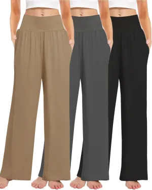 3PACK Women's Casual Loose Wide Leg Cozy Pants Yoga High Waisted Sweatpants Comfy Lounge Pants with Pants with Pockets