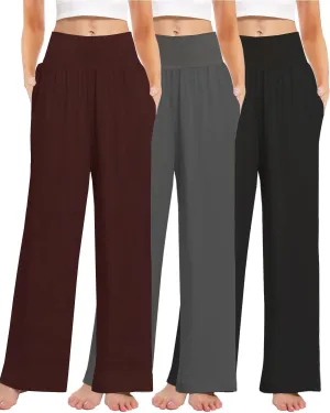 3PACK Women's Casual Loose Wide Leg Cozy Pants Yoga High Waisted Sweatpants Comfy Lounge Pants with Pants with Pockets