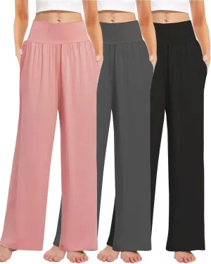 3PACK Women's Casual Loose Wide Leg Cozy Pants Yoga High Waisted Sweatpants Comfy Lounge Pants with Pants with Pockets