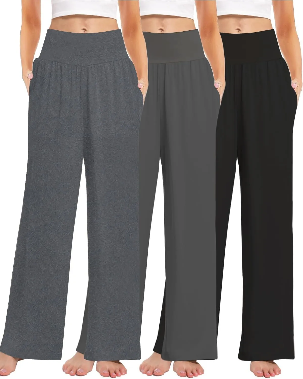 3PACK Women's Casual Loose Wide Leg Cozy Pants Yoga High Waisted Sweatpants Comfy Lounge Pants with Pants with Pockets