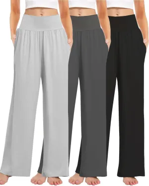 3PACK Women's Casual Loose Wide Leg Cozy Pants Yoga High Waisted Sweatpants Comfy Lounge Pants with Pants with Pockets