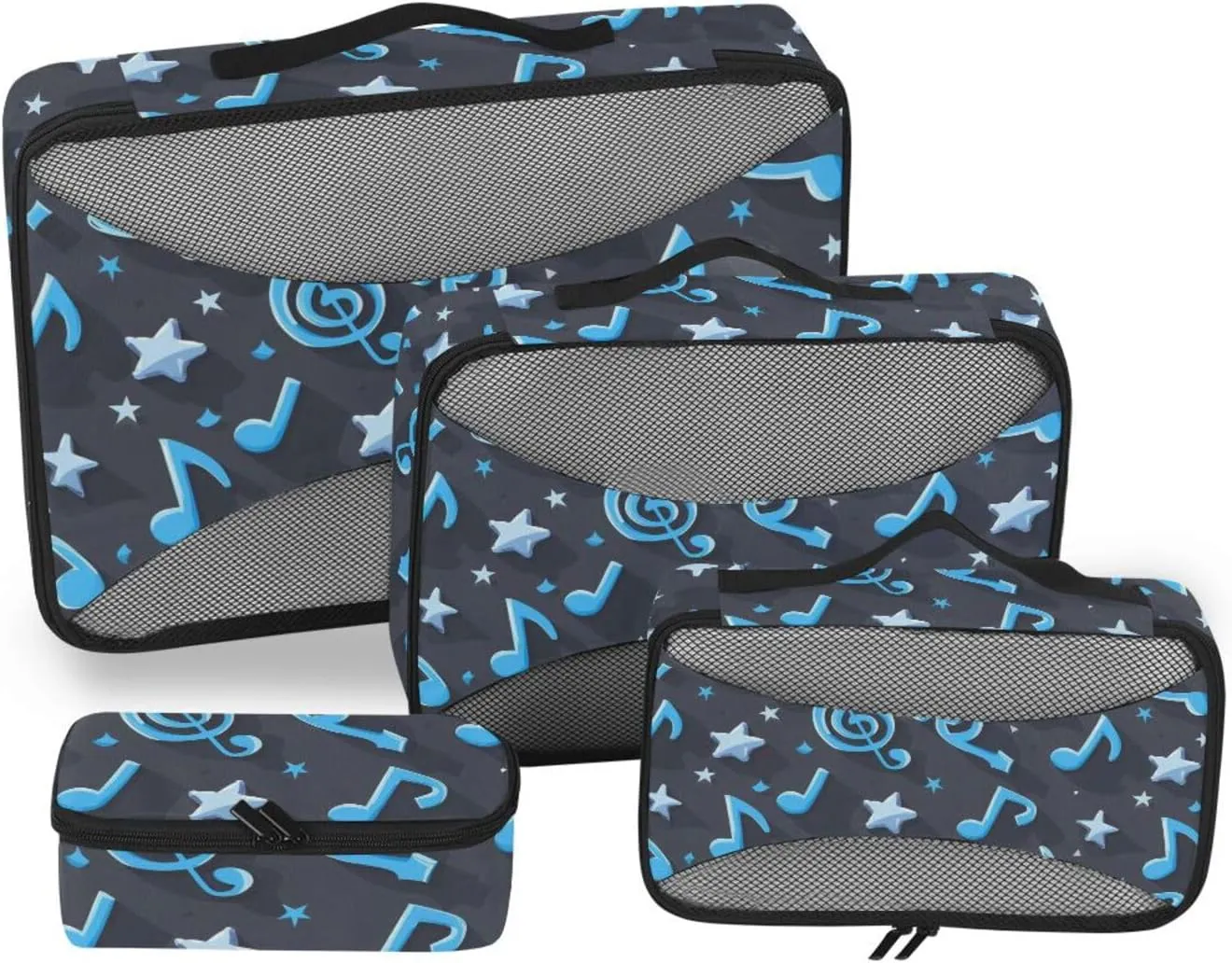 4 Pcs set organizer travel case Mesh Travel Essentials Blue Musical Notes and Stars portable cubes for diaper bag