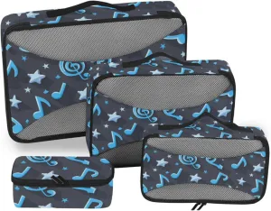 4 Pcs set organizer travel case Mesh Travel Essentials Blue Musical Notes and Stars portable cubes for diaper bag
