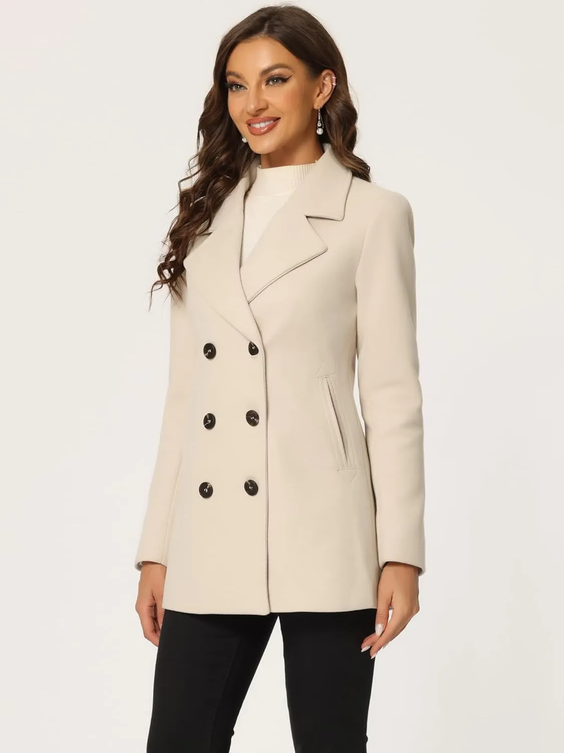 Allegra K Women's Long Sleeves Double Breasted Button Winter Outerwear Pea Coat