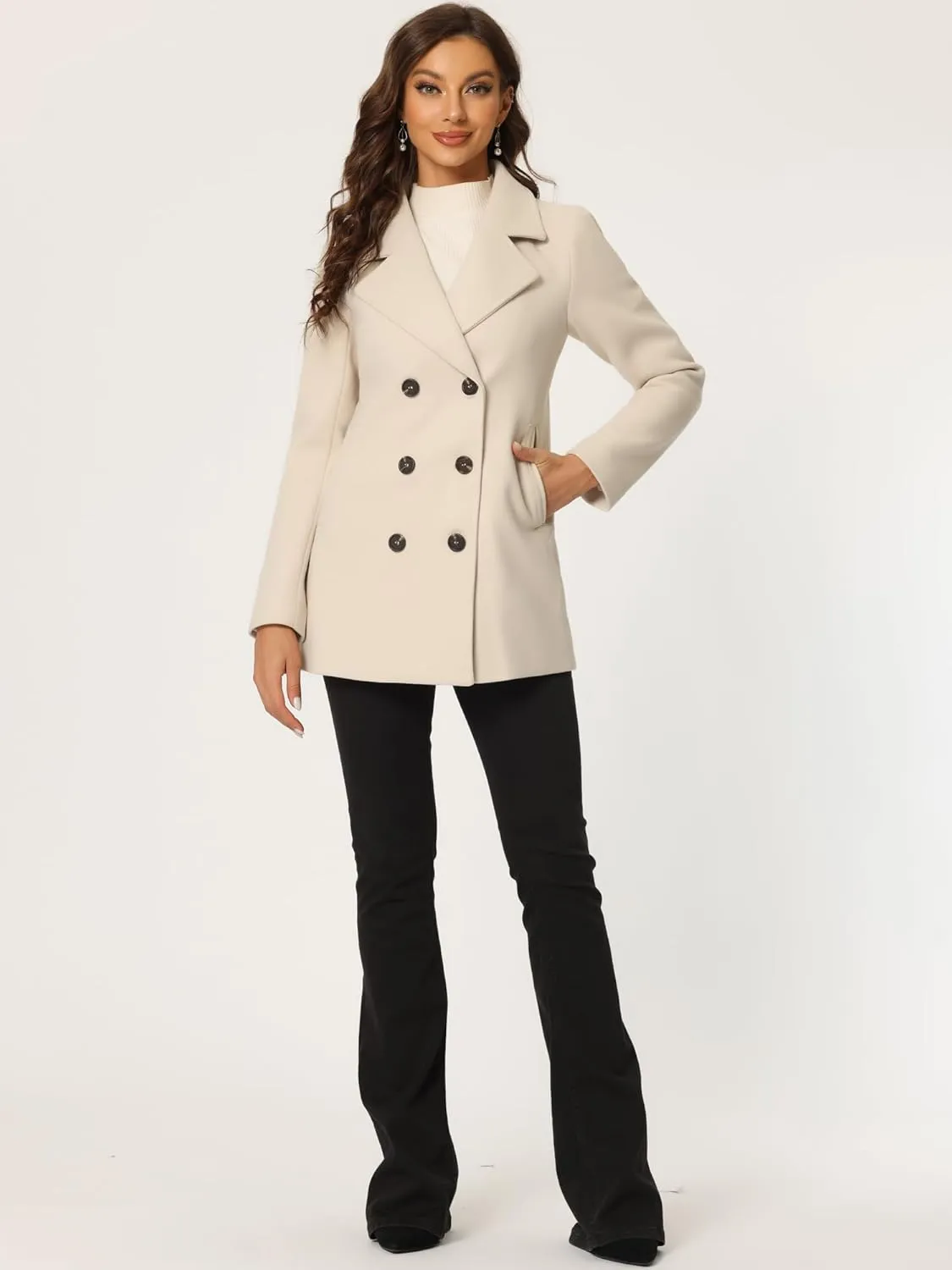 Allegra K Women's Long Sleeves Double Breasted Button Winter Outerwear Pea Coat