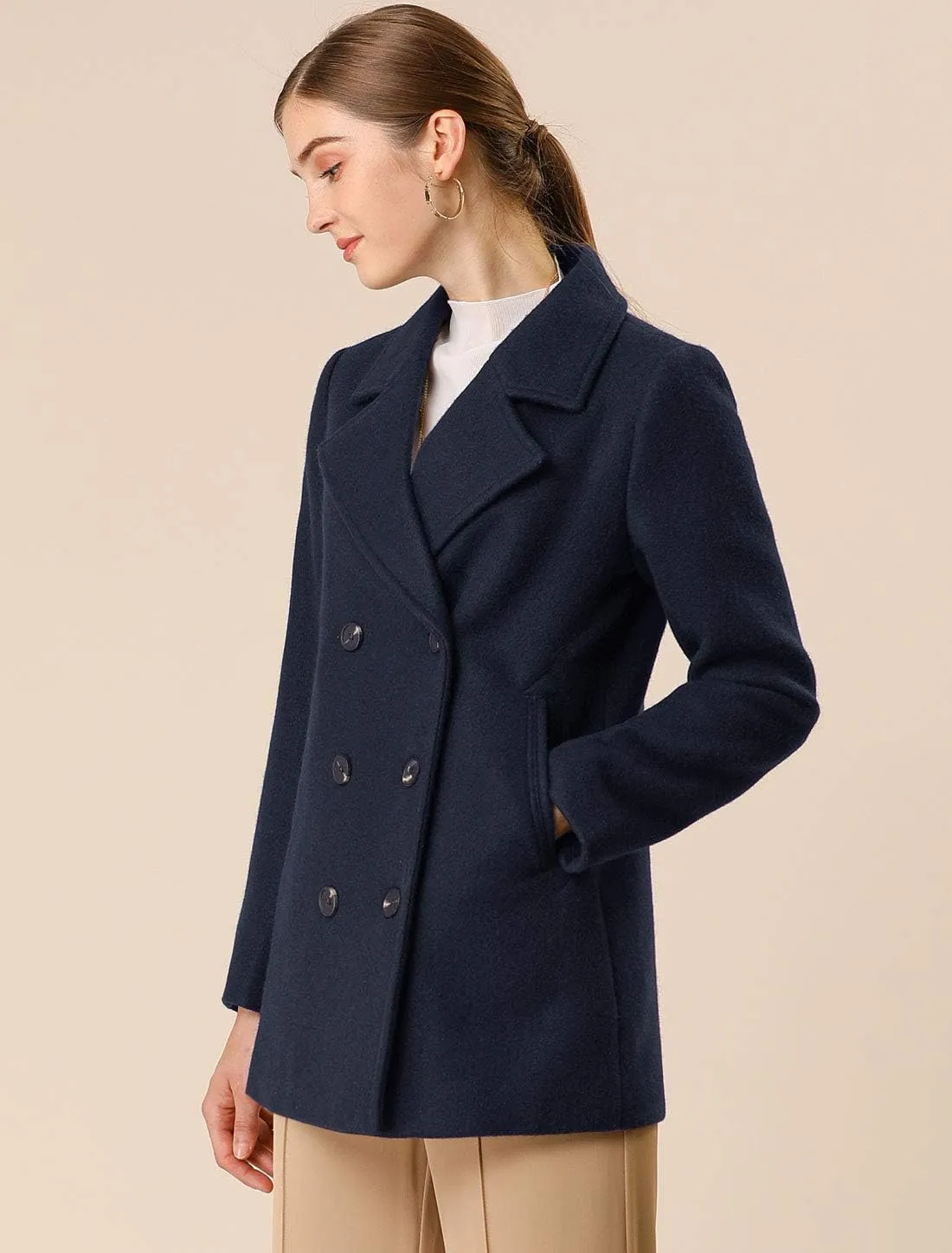 Allegra K Women's Long Sleeves Double Breasted Button Winter Outerwear Pea Coat