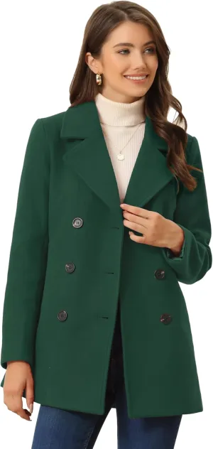 Allegra K Women's Long Sleeves Double Breasted Button Winter Outerwear Pea Coat