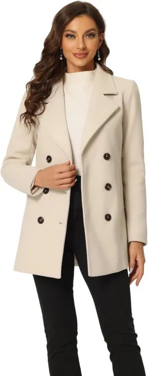 Allegra K Women's Long Sleeves Double Breasted Button Winter Outerwear Pea Coat