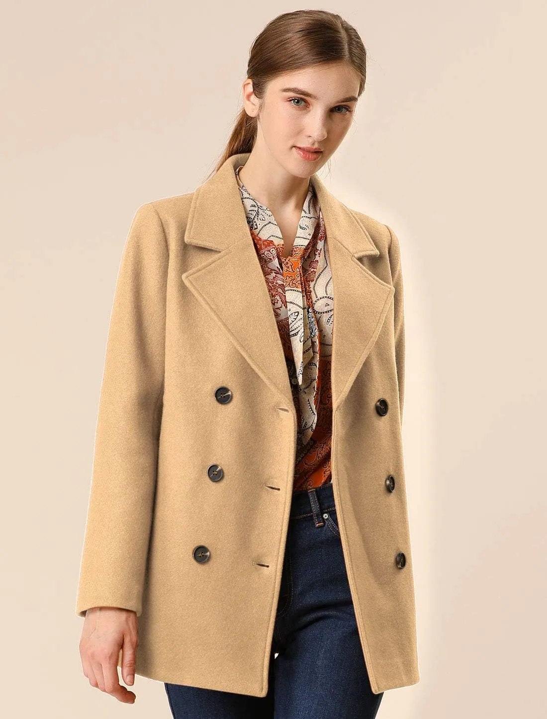 Allegra K Women's Long Sleeves Double Breasted Button Winter Outerwear Pea Coat