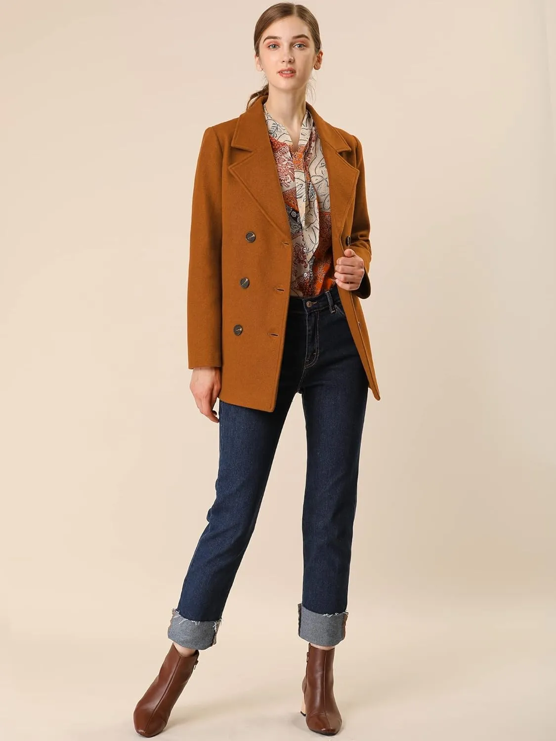 Allegra K Women's Long Sleeves Double Breasted Button Winter Outerwear Pea Coat