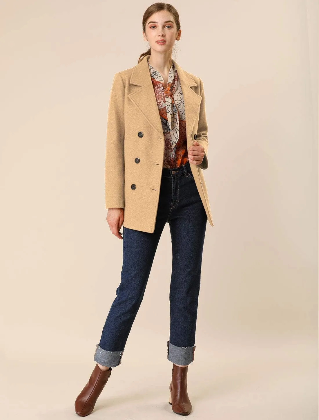 Allegra K Women's Long Sleeves Double Breasted Button Winter Outerwear Pea Coat