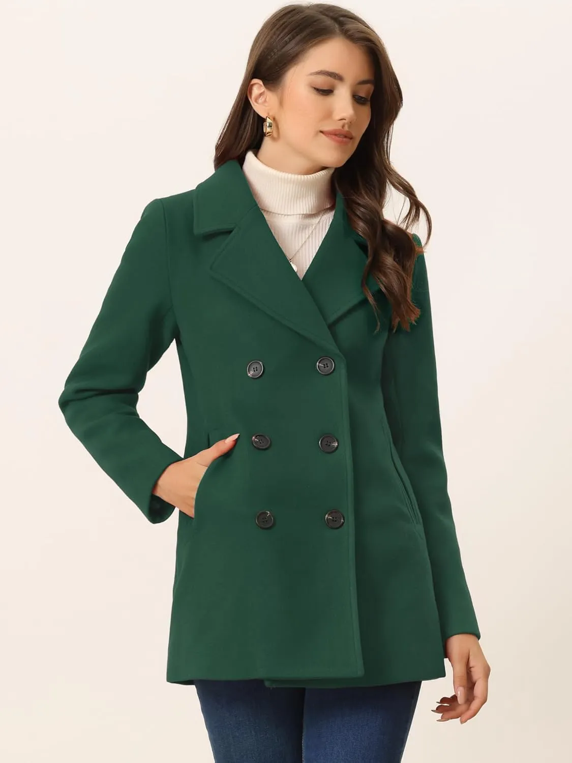 Allegra K Women's Long Sleeves Double Breasted Button Winter Outerwear Pea Coat