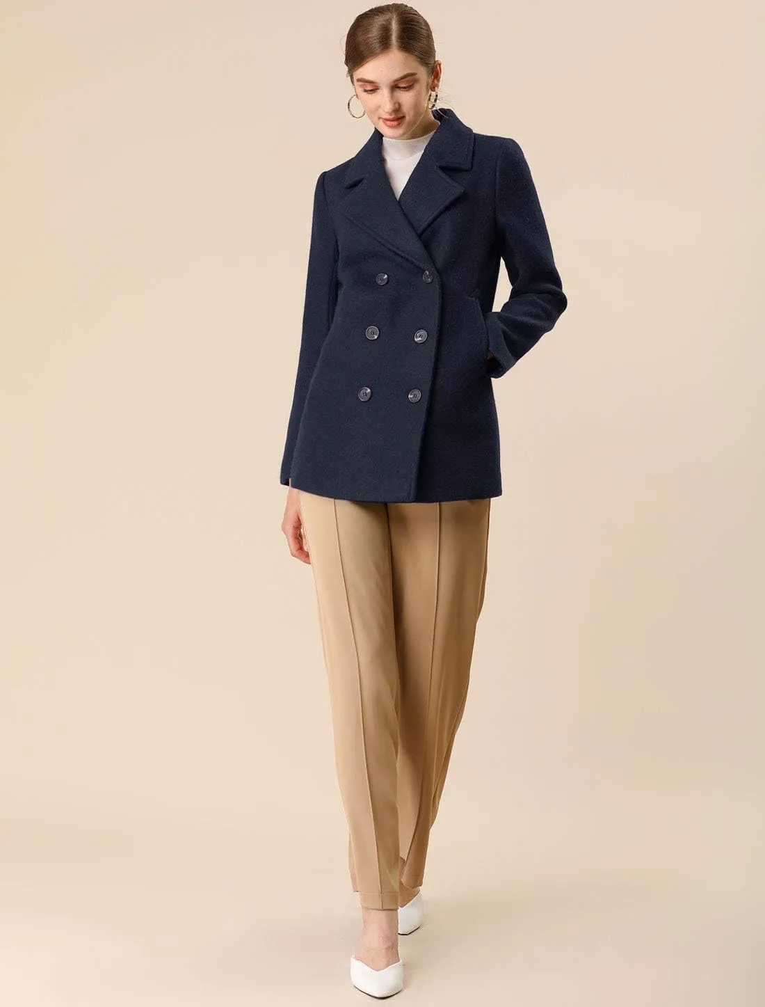 Allegra K Women's Long Sleeves Double Breasted Button Winter Outerwear Pea Coat