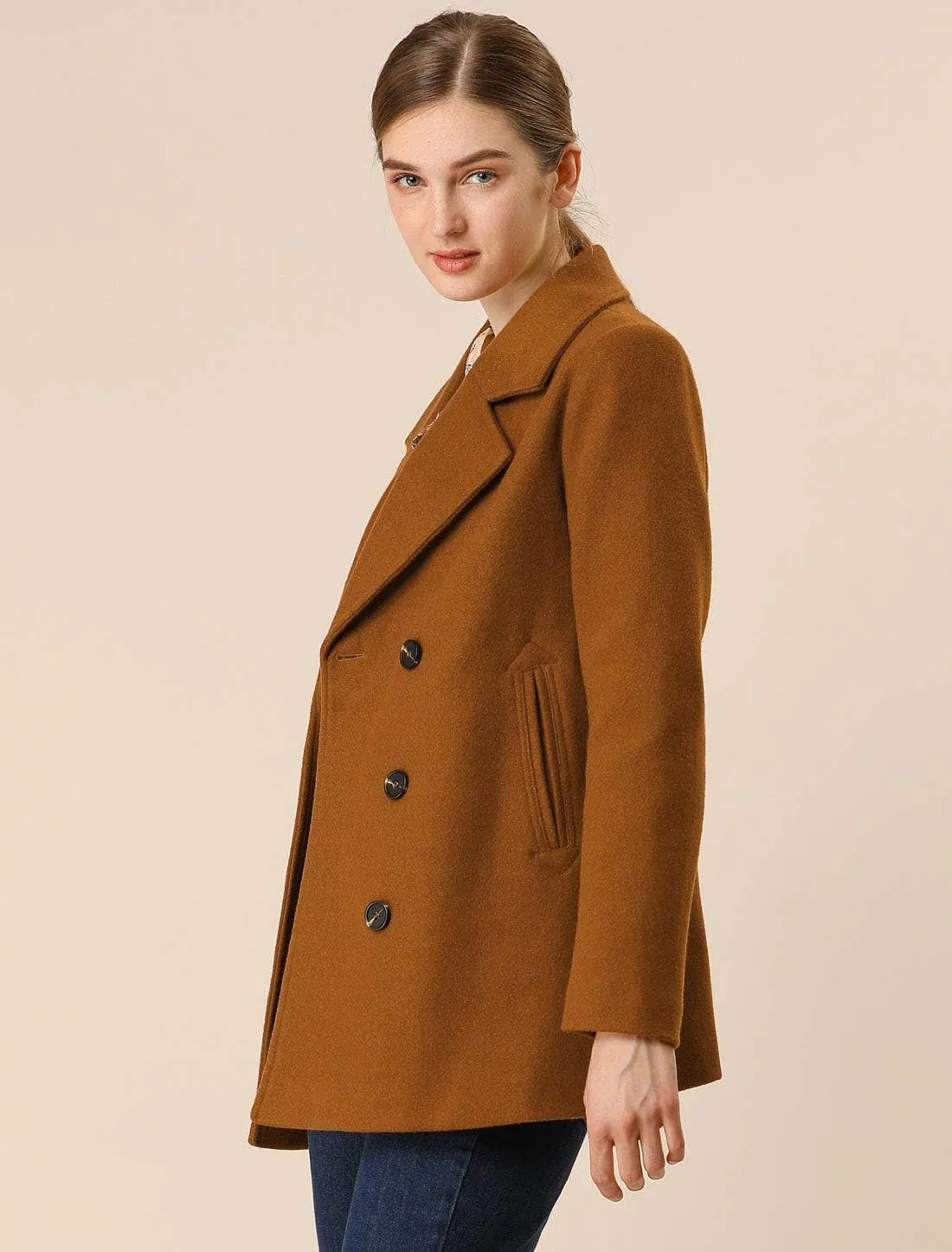 Allegra K Women's Long Sleeves Double Breasted Button Winter Outerwear Pea Coat