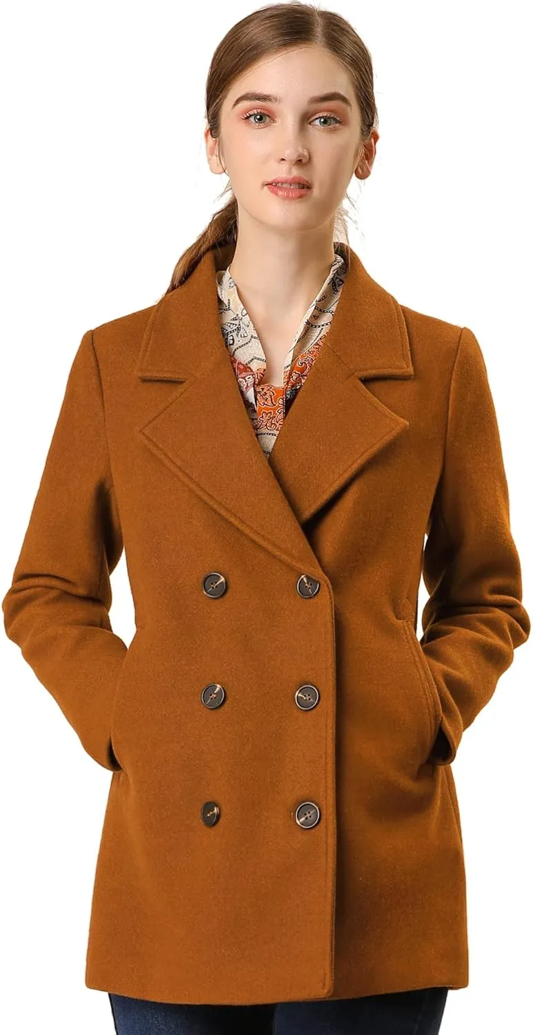 Allegra K Women's Long Sleeves Double Breasted Button Winter Outerwear Pea Coat