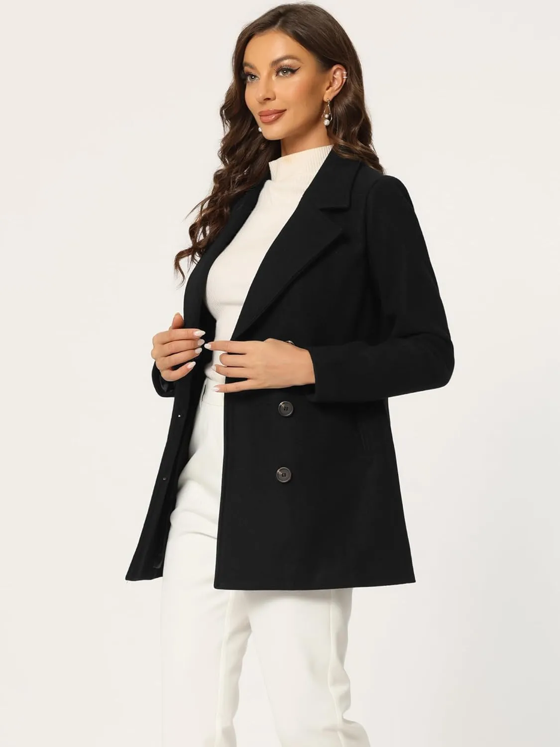 Allegra K Women's Long Sleeves Double Breasted Button Winter Outerwear Pea Coat