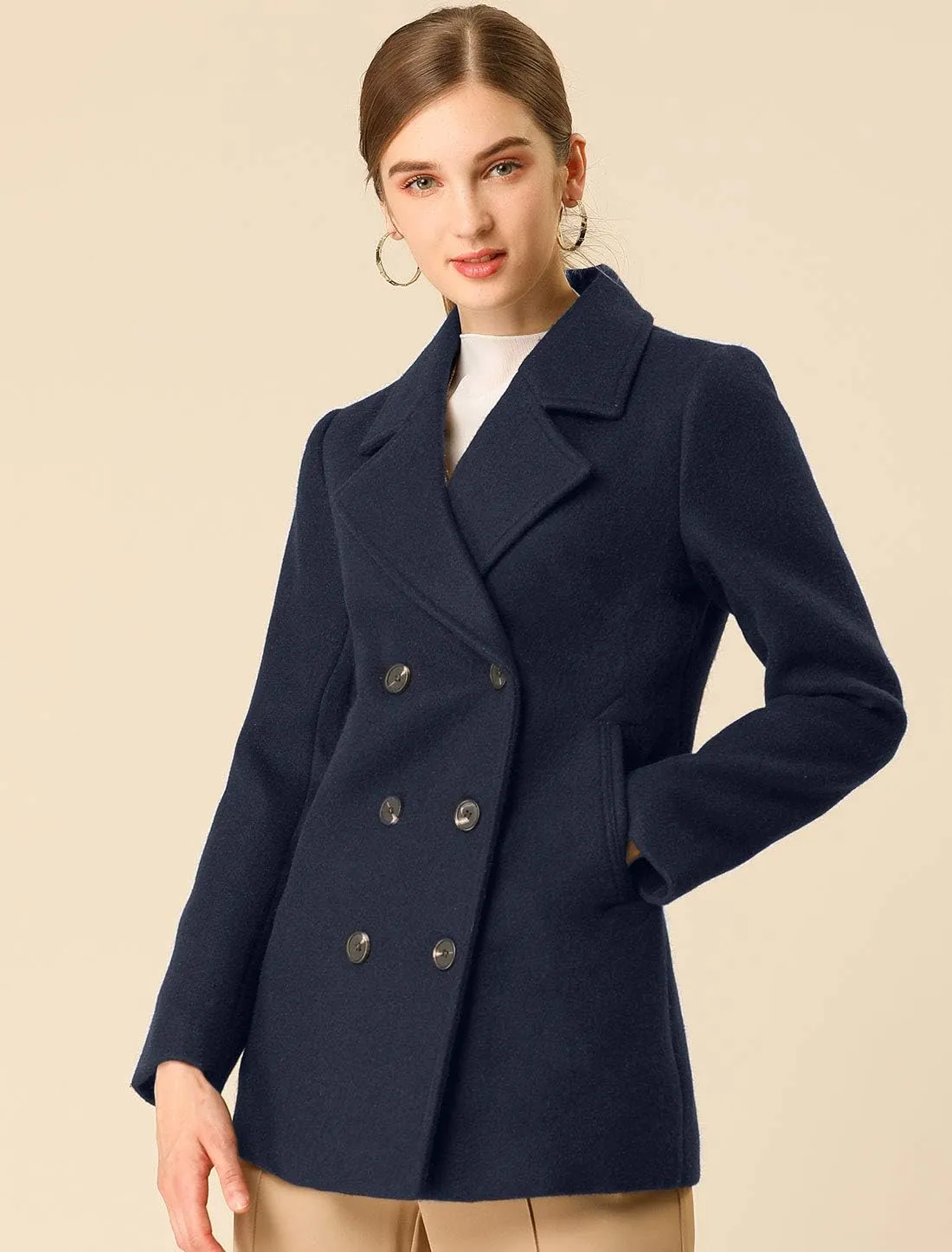 Allegra K Women's Long Sleeves Double Breasted Button Winter Outerwear Pea Coat