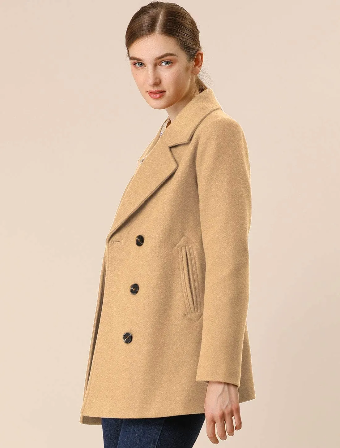 Allegra K Women's Long Sleeves Double Breasted Button Winter Outerwear Pea Coat