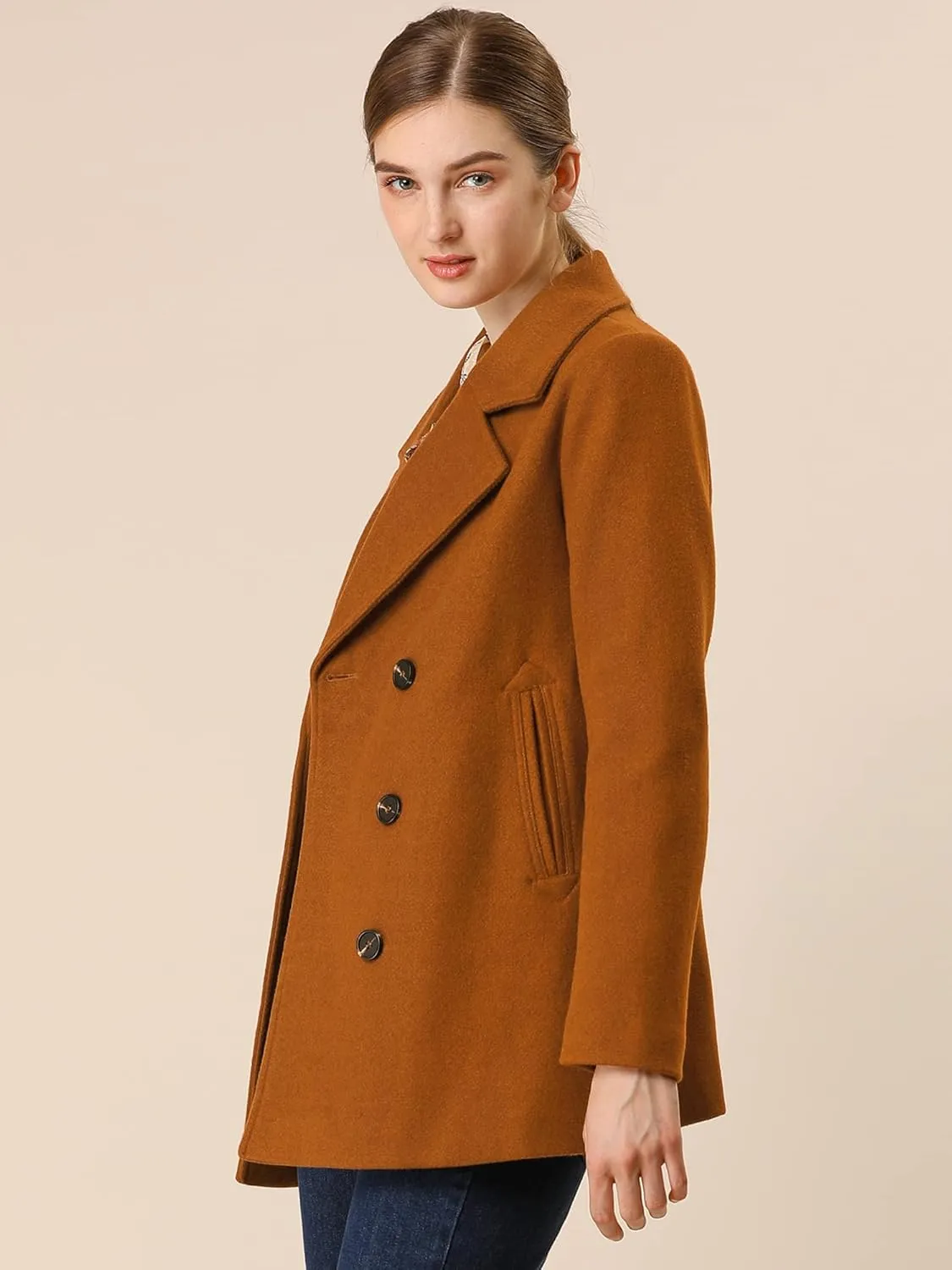 Allegra K Women's Long Sleeves Double Breasted Button Winter Outerwear Pea Coat