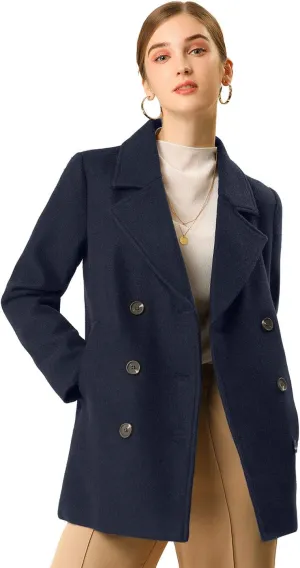 Allegra K Women's Long Sleeves Double Breasted Button Winter Outerwear Pea Coat