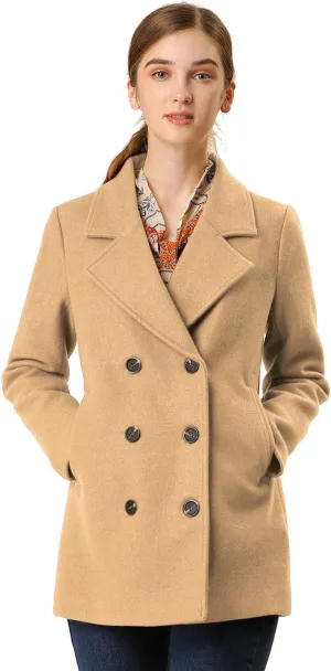 Allegra K Women's Long Sleeves Double Breasted Button Winter Outerwear Pea Coat
