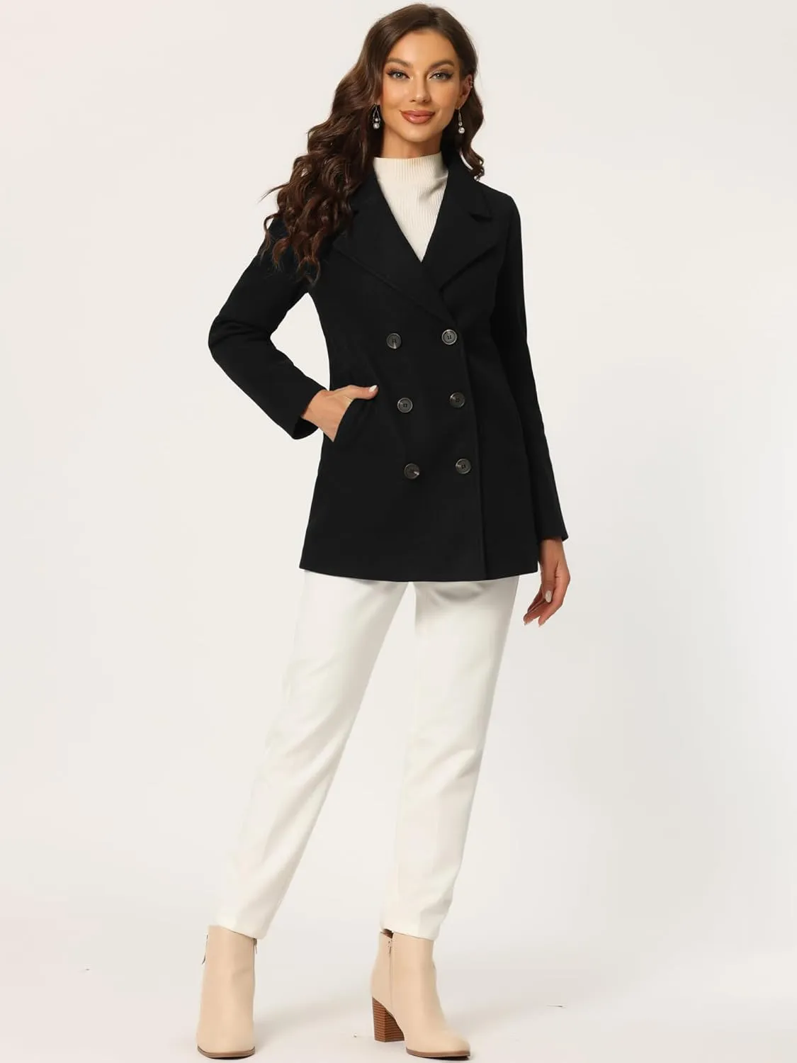Allegra K Women's Long Sleeves Double Breasted Button Winter Outerwear Pea Coat