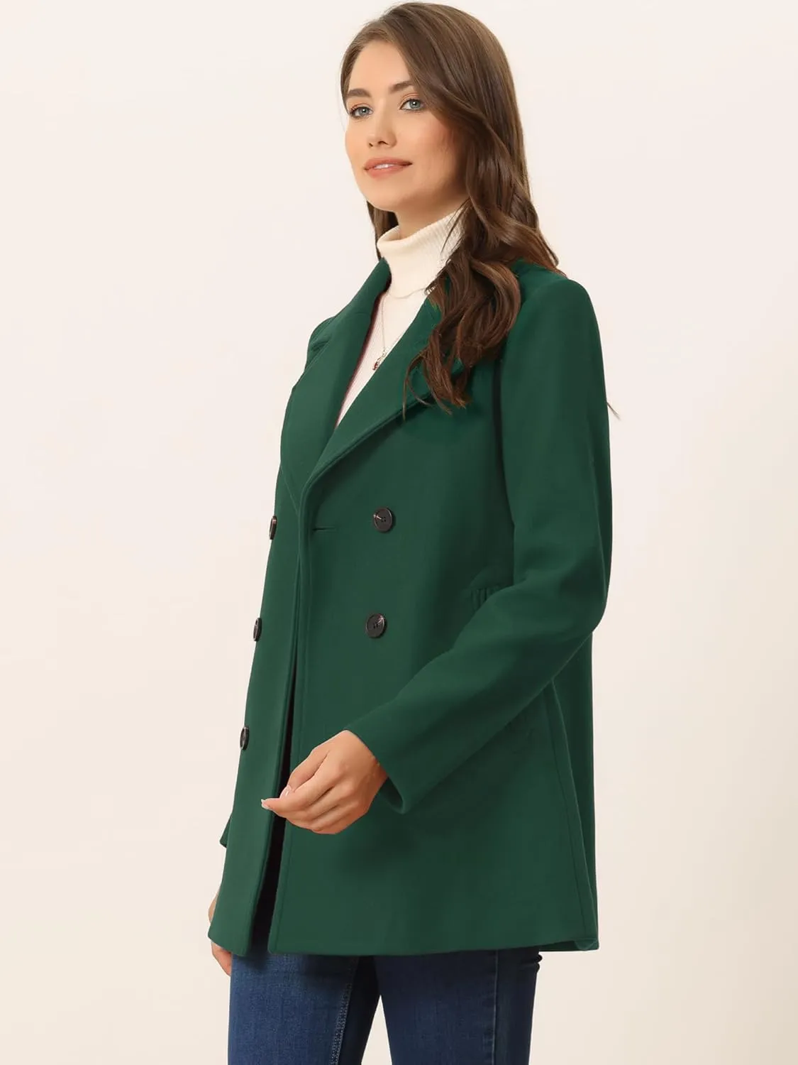 Allegra K Women's Long Sleeves Double Breasted Button Winter Outerwear Pea Coat