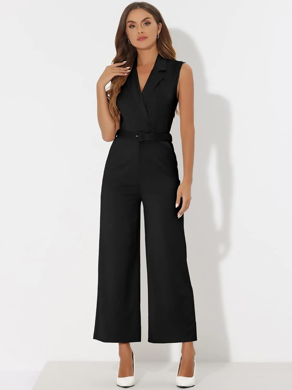 Allegra K Womens' Sleeveless V Neck Button Front Jumpsuits Long Leg with Pocket Belted