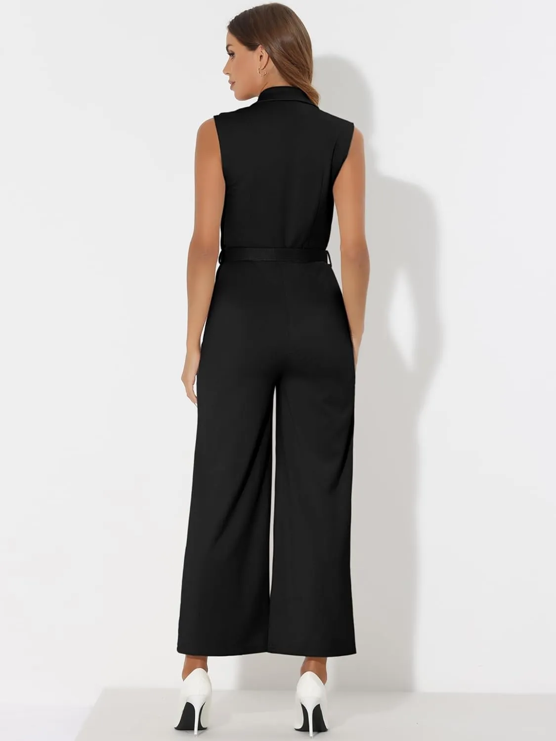 Allegra K Womens' Sleeveless V Neck Button Front Jumpsuits Long Leg with Pocket Belted