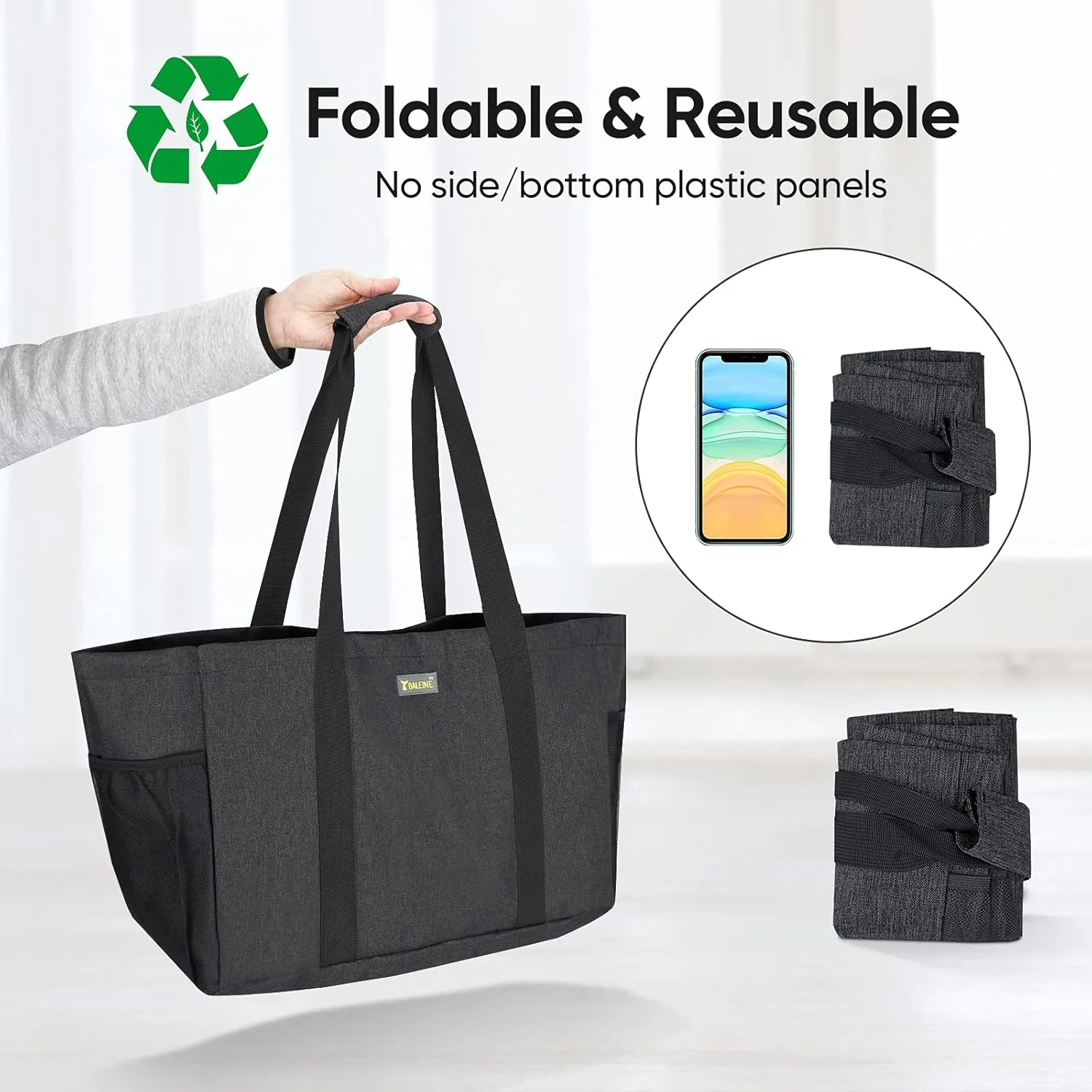 BALEINE Soft 9 Gallon Extra Large Utility Tote, Foldable Reusable Storage Bag (Charcoal Black)