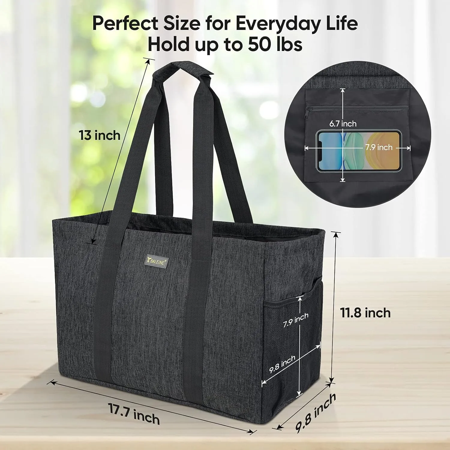 BALEINE Soft 9 Gallon Extra Large Utility Tote, Foldable Reusable Storage Bag (Charcoal Black)