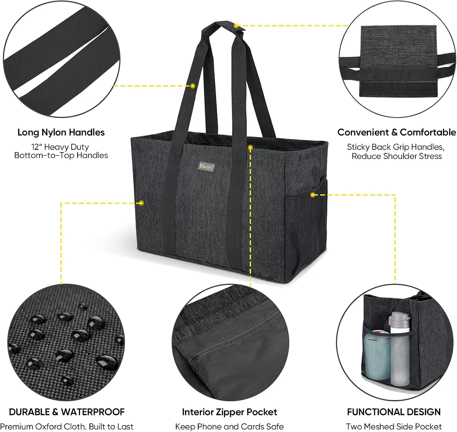 BALEINE Soft 9 Gallon Extra Large Utility Tote, Foldable Reusable Storage Bag (Charcoal Black)