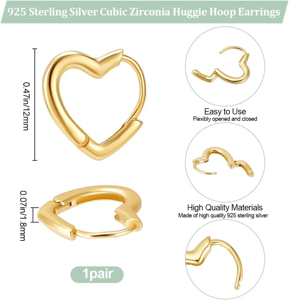 Beebeecraft 925 Sterling Silver Heart Hoop Earrings Gold Love Huggie Small Ear Stud Cuff for Pierced Ear Women Jewelry Valentine's Day Gift 12mm