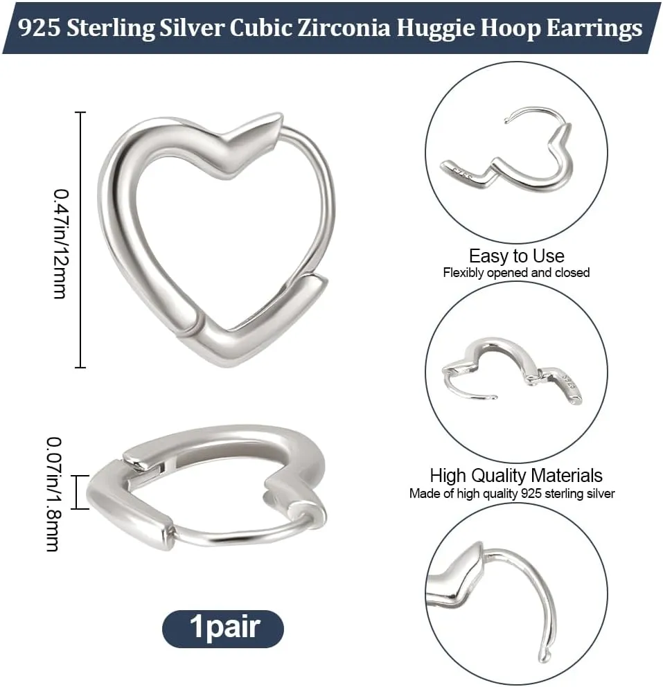 Beebeecraft Heaart Hoop Earrings Rhodium Plated 925 Sterling Silver Small Love Huggie Ear Stud Cuff Platinum for Women Jewelry Valentine's Day Gift 12mm