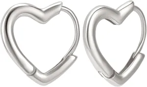 Beebeecraft Heaart Hoop Earrings Rhodium Plated 925 Sterling Silver Small Love Huggie Ear Stud Cuff Platinum for Women Jewelry Valentine's Day Gift 12mm