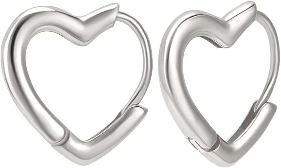 Beebeecraft Heaart Hoop Earrings Rhodium Plated 925 Sterling Silver Small Love Huggie Ear Stud Cuff Platinum for Women Jewelry Valentine's Day Gift 12mm