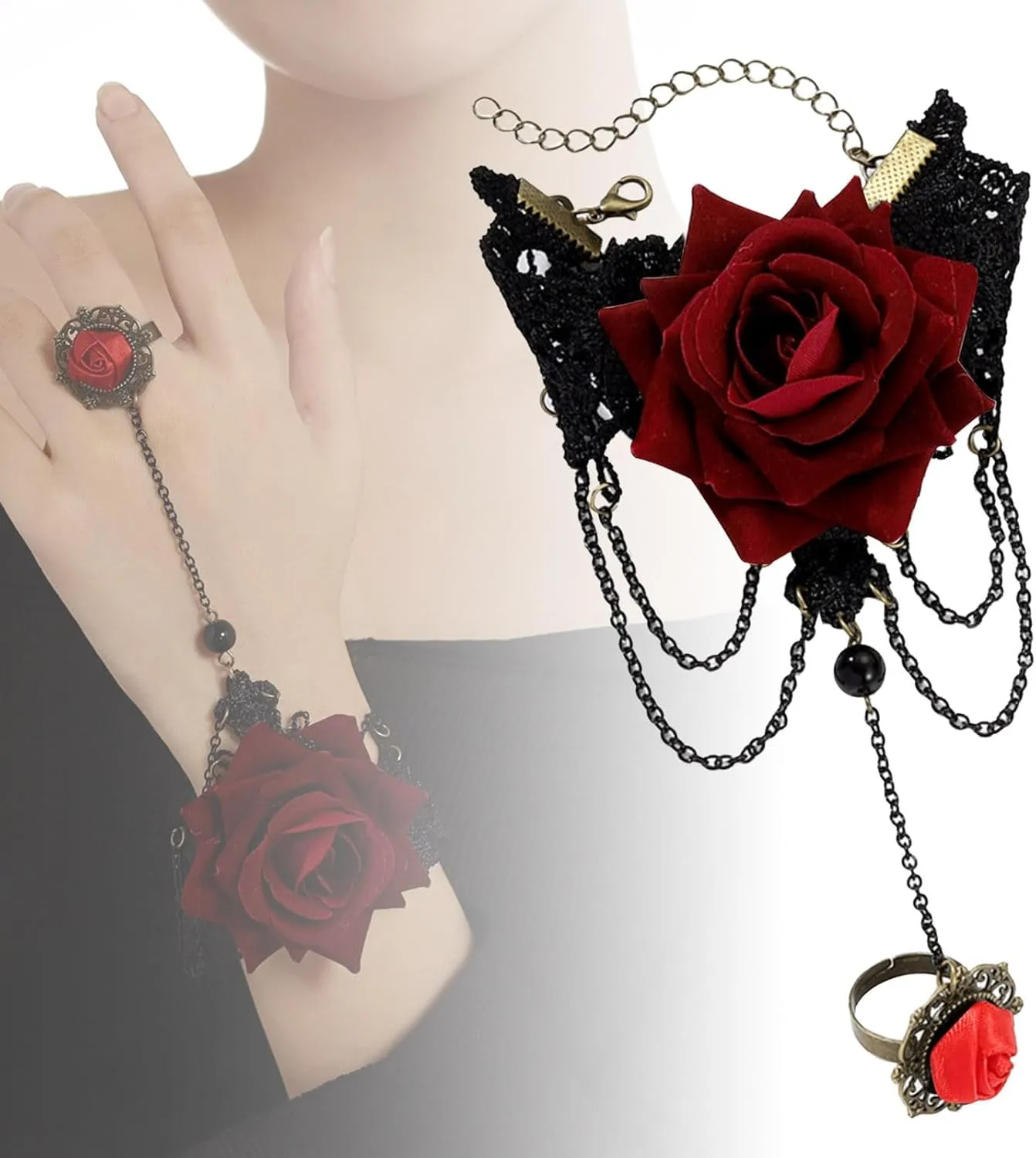 Black Lace Red Rose Finger Bracelet with Ring Hareness Bracelet Slave Link with Ring Bracelet Accessories Party for Women