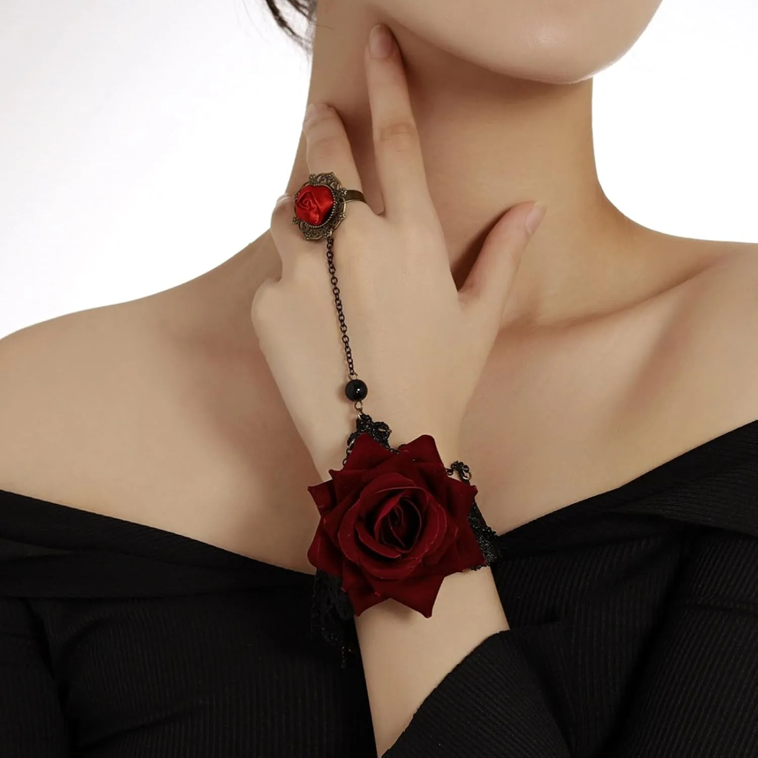 Black Lace Red Rose Finger Bracelet with Ring Hareness Bracelet Slave Link with Ring Bracelet Accessories Party for Women