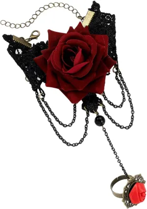 Black Lace Red Rose Finger Bracelet with Ring Hareness Bracelet Slave Link with Ring Bracelet Accessories Party for Women