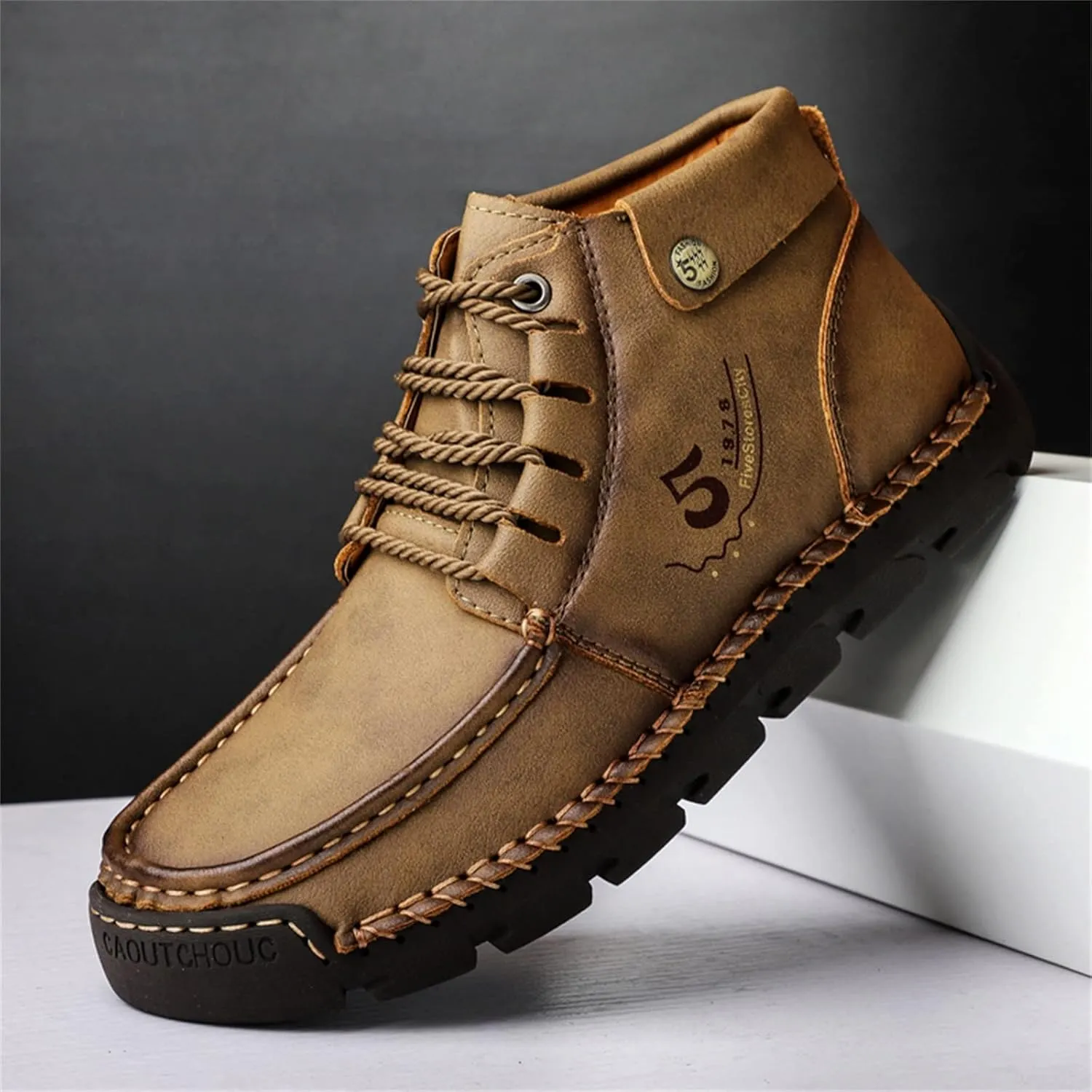 Black Lace up Booties British Boots for Men Fashion High-Top Leather Motorcycle Walking Slip on Shoe Outdoor Shoes