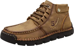 Black Lace up Booties British Boots for Men Fashion High-Top Leather Motorcycle Walking Slip on Shoe Outdoor Shoes