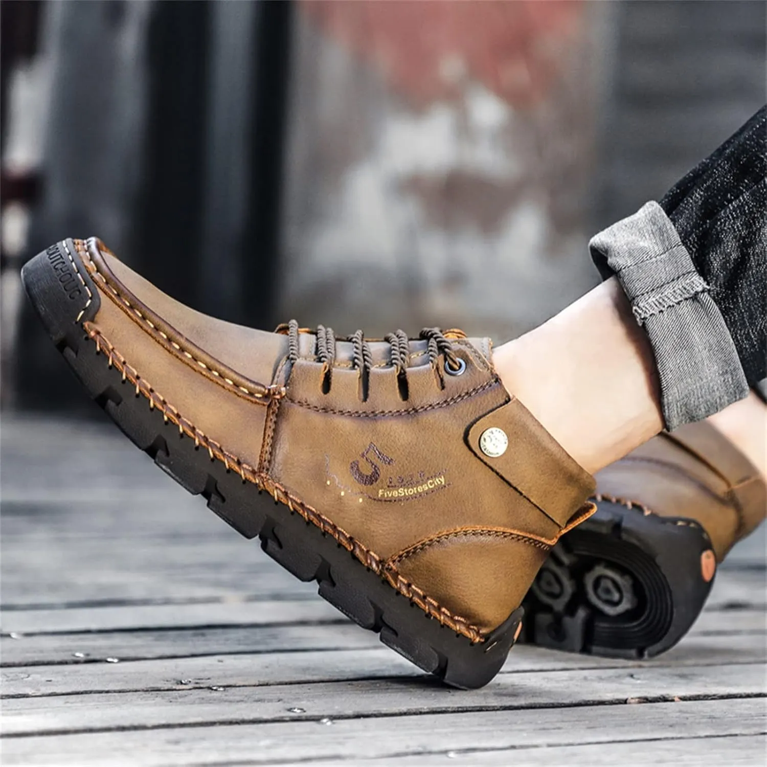 Black Lace up Booties British Boots for Men Fashion High-Top Leather Motorcycle Walking Slip on Shoe Outdoor Shoes