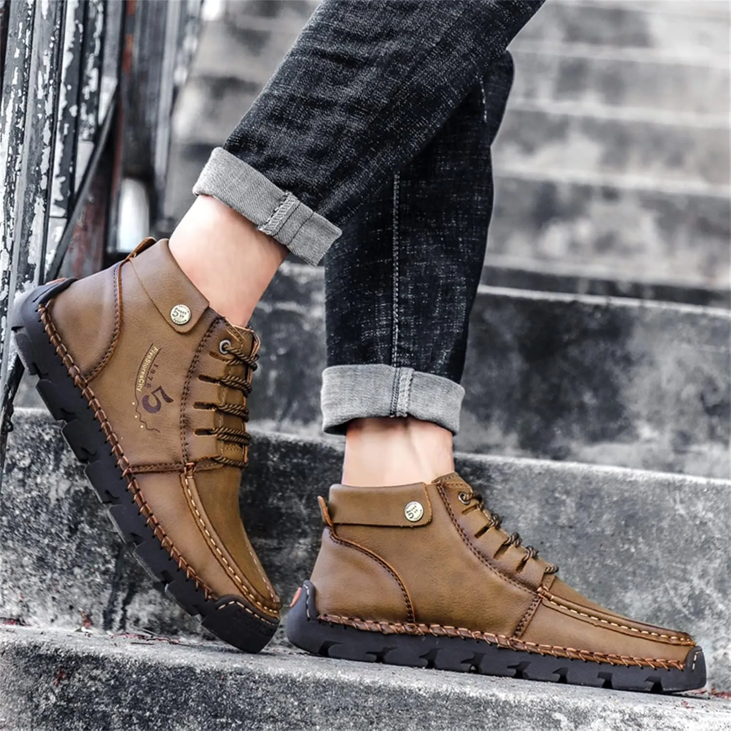 Black Lace up Booties British Boots for Men Fashion High-Top Leather Motorcycle Walking Slip on Shoe Outdoor Shoes