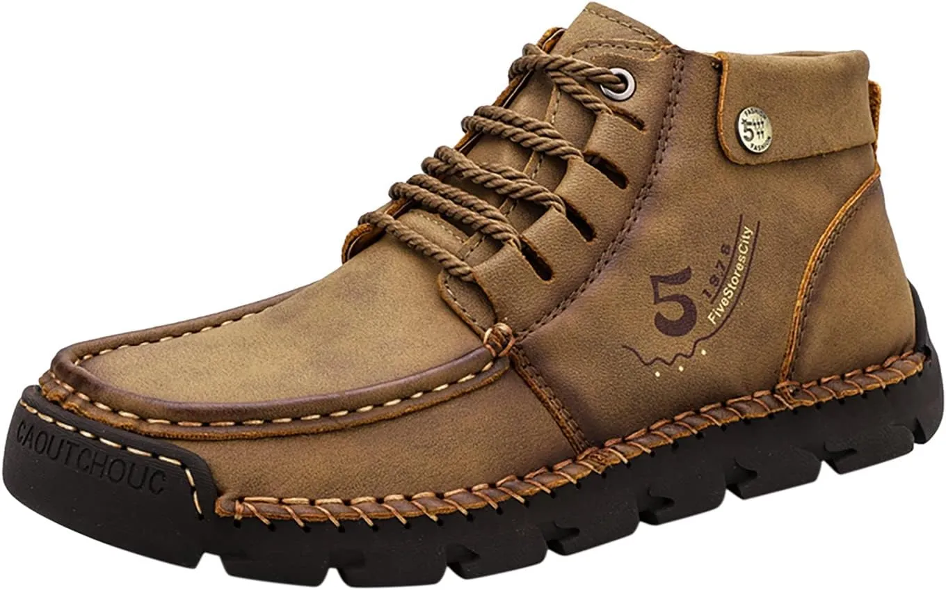 Black Lace up Booties British Boots for Men Fashion High-Top Leather Motorcycle Walking Slip on Shoe Outdoor Shoes