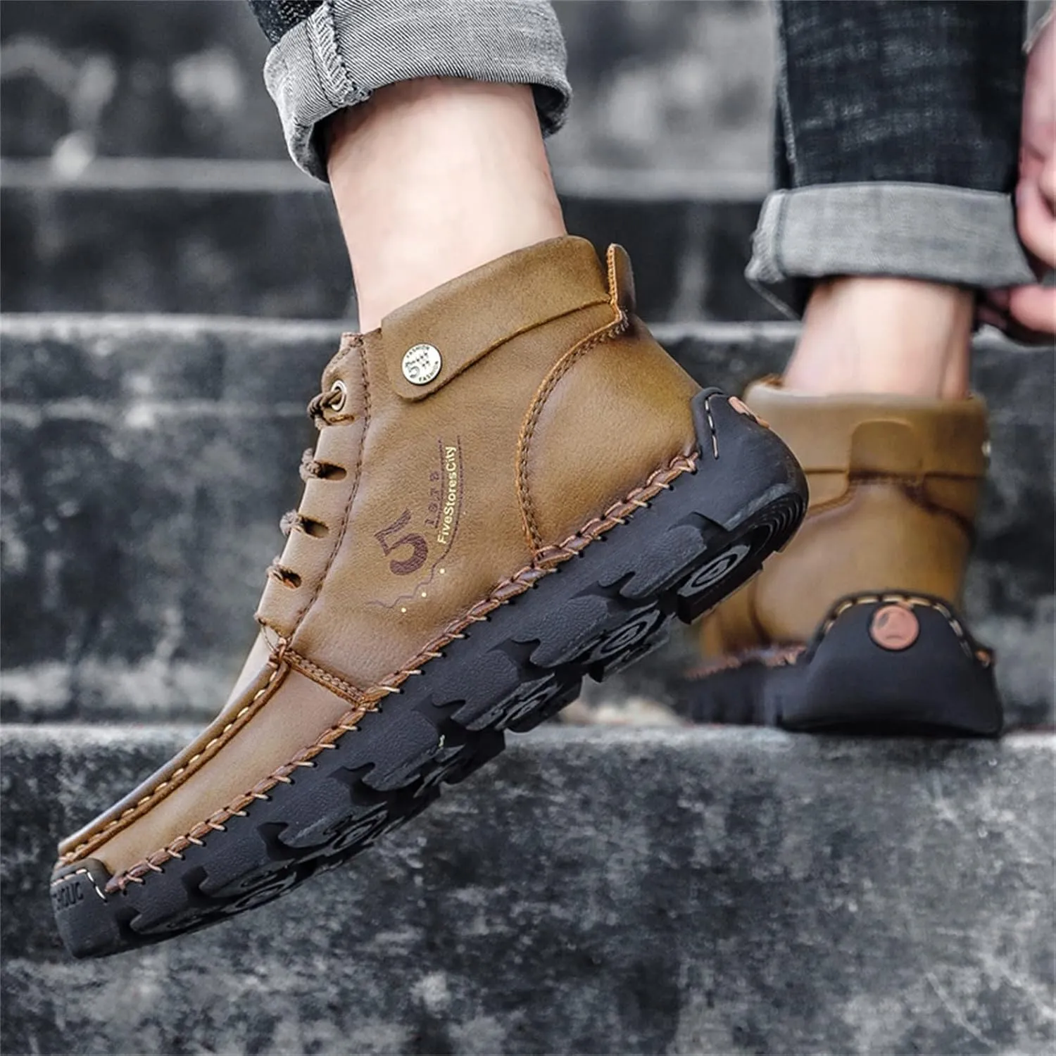 Black Lace up Booties British Boots for Men Fashion High-Top Leather Motorcycle Walking Slip on Shoe Outdoor Shoes