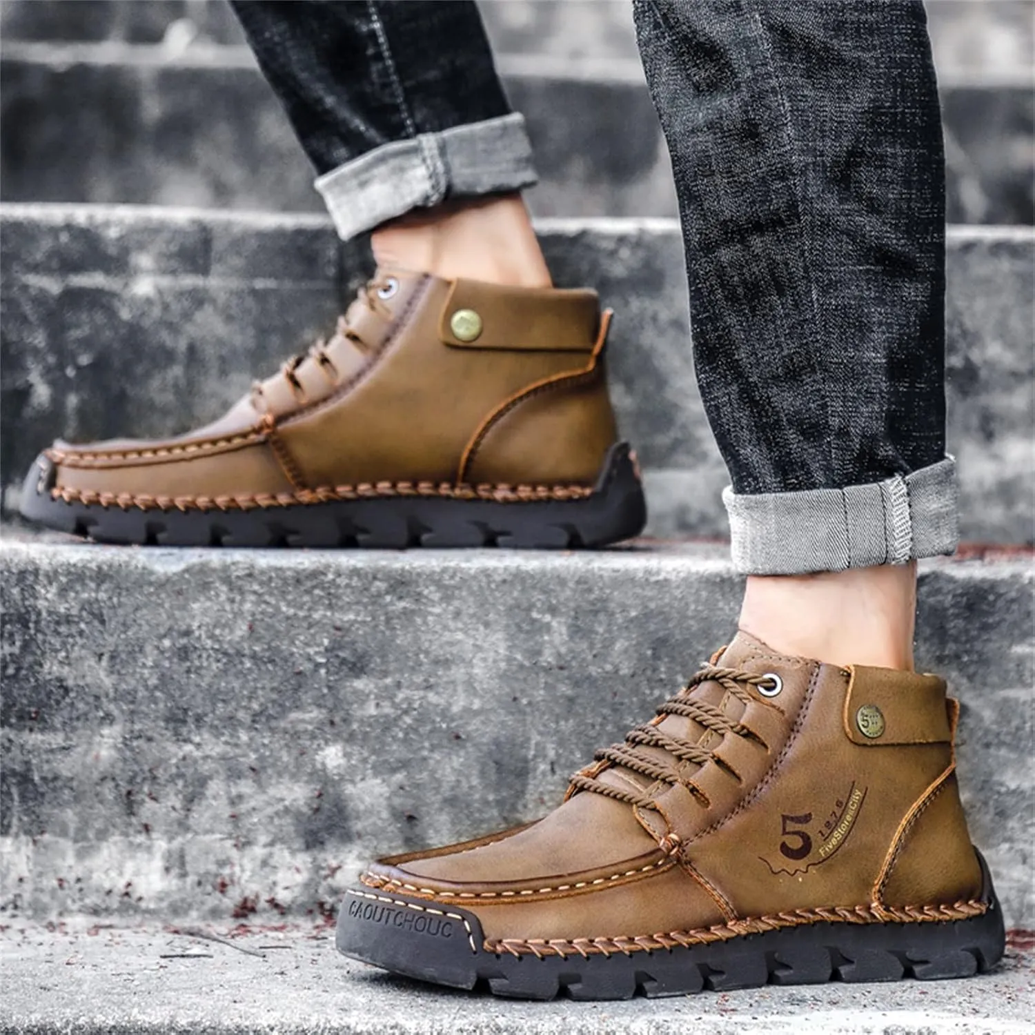 Black Lace up Booties British Boots for Men Fashion High-Top Leather Motorcycle Walking Slip on Shoe Outdoor Shoes