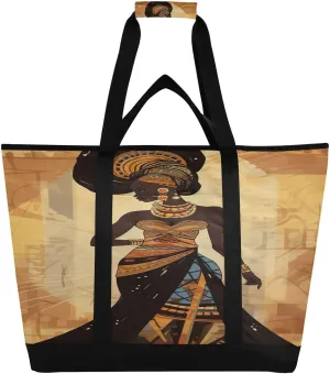 Black Woman Watercolor Tote Bag for Women with Zipper Reusable Grocery Bags Foldable Insulated Cooler Bag Shopping Bags Handbags Totes for Groceries Beach Travel Picnic Work