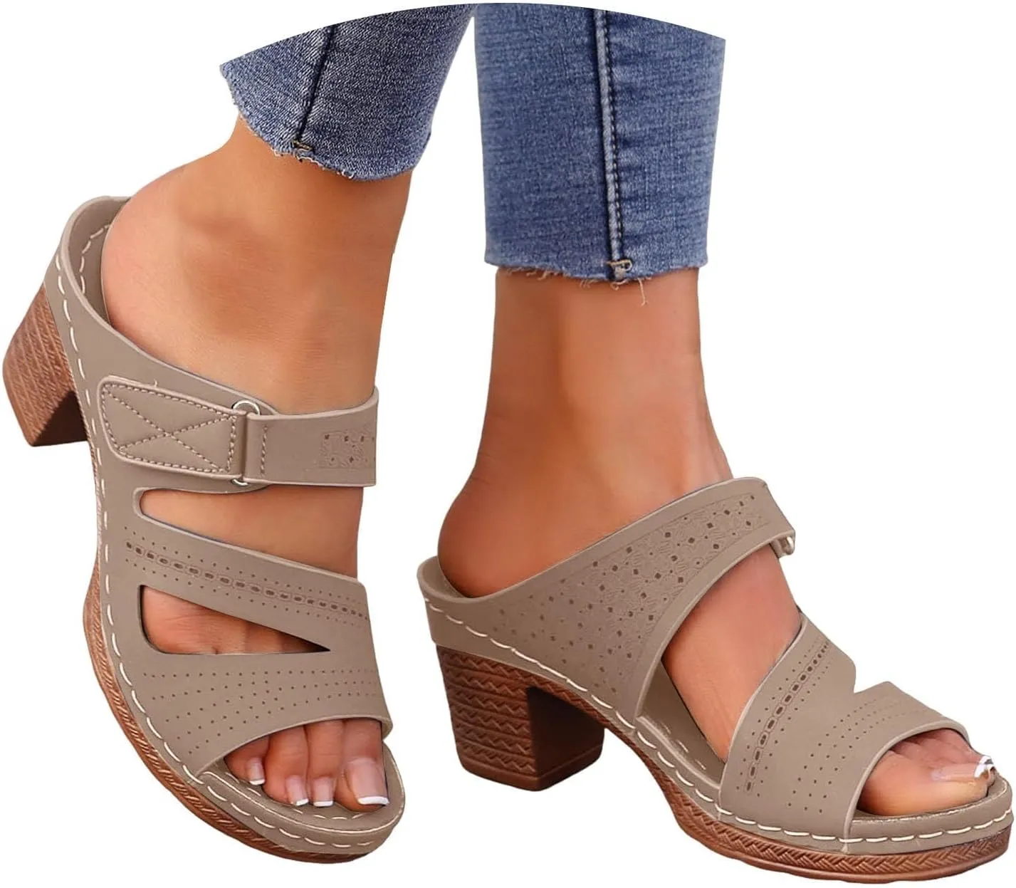 Block Heel Sandals for Women 2025,Women's Heeled Womens Chunky Mid Heels Ankle Strap Double Buckle Sandal Open Toe Slip-On Slippers Casual Comfortable Summer Mules Adjustable Slide Walking Shoes
